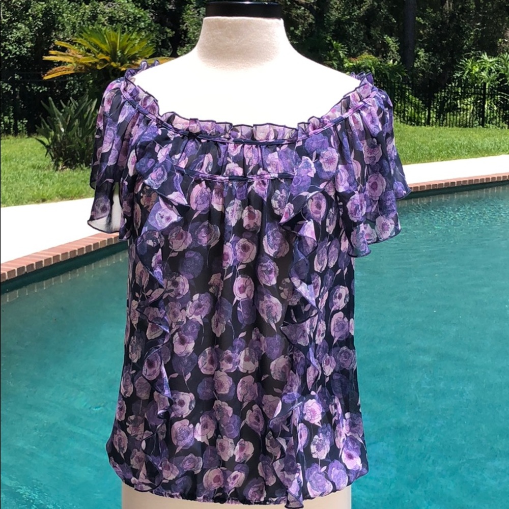 Loft, sheer, floral print, short sleeve, blouse